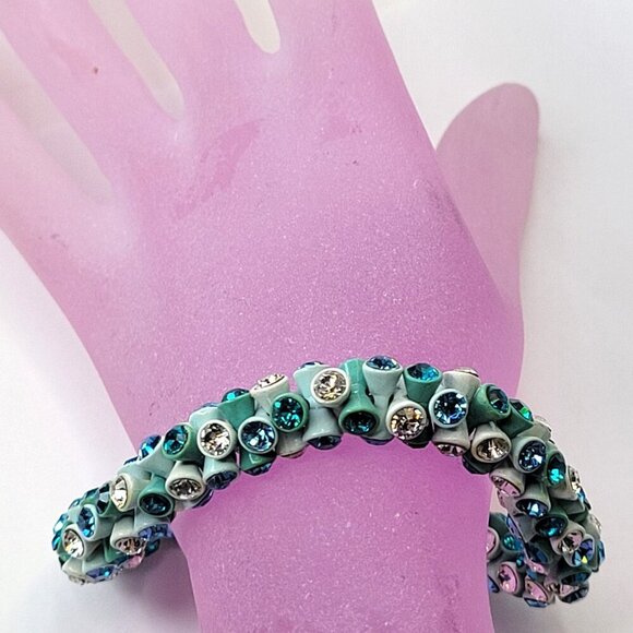 Turquoise Blue and White Rhinestone Stretch Bracelet - Picture 8 of 11